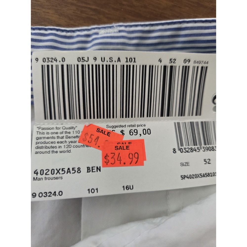 United Colors Of Benetton Flat Front Pants Men's 34/36X34 White L/xl Nautical - Picture 6 of 11